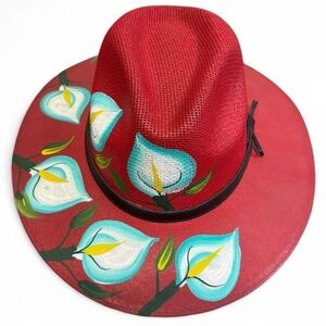 Hand-Painted Oaxaca Artisan Fedora – Red with Pale Turquoise Calla Lily Design